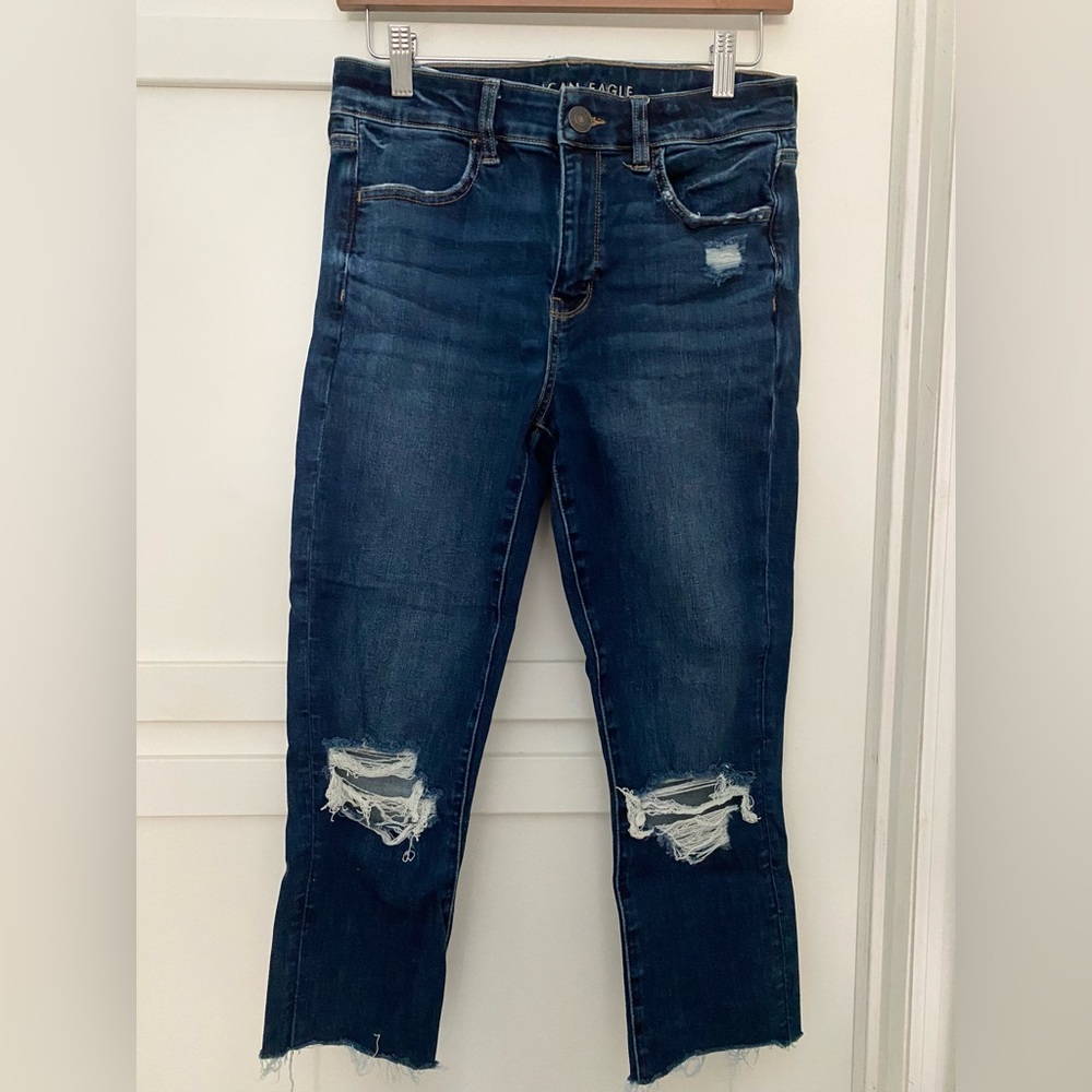 American Eagle Outfitters Dark Blue Distressed Skinny Jean Capris